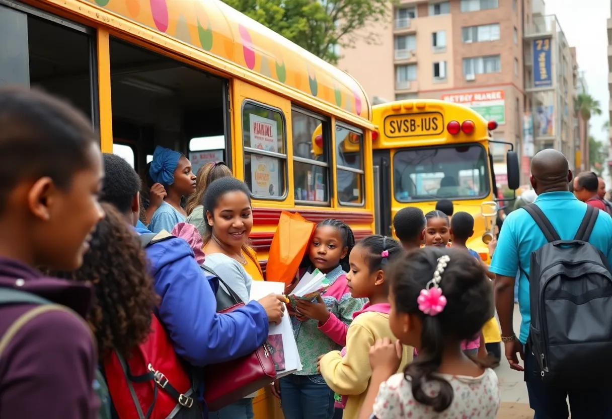 Families receiving school supplies at a bus tour event in Philadelphia.