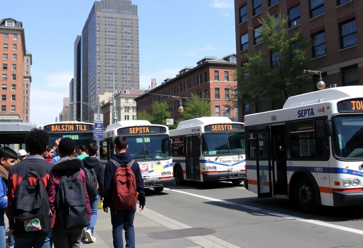 SEPTA buses in Philadelphia with students waiting for transit.