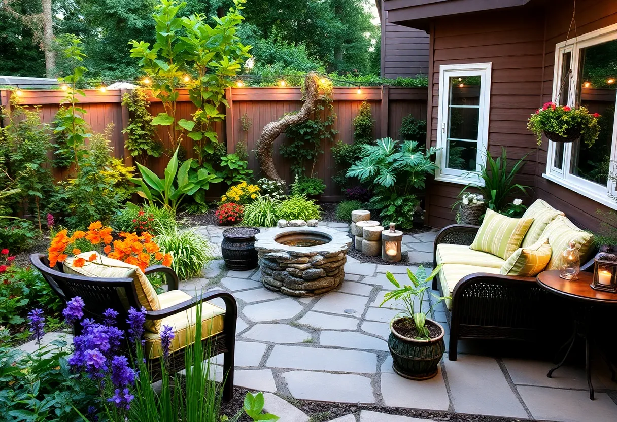 A charming Philadelphia backyard featuring native plants and durable outdoor furniture.