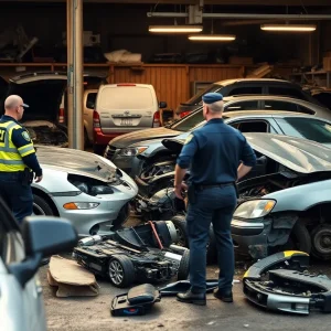 Law enforcement officers during a raid on an illegal chop shop.