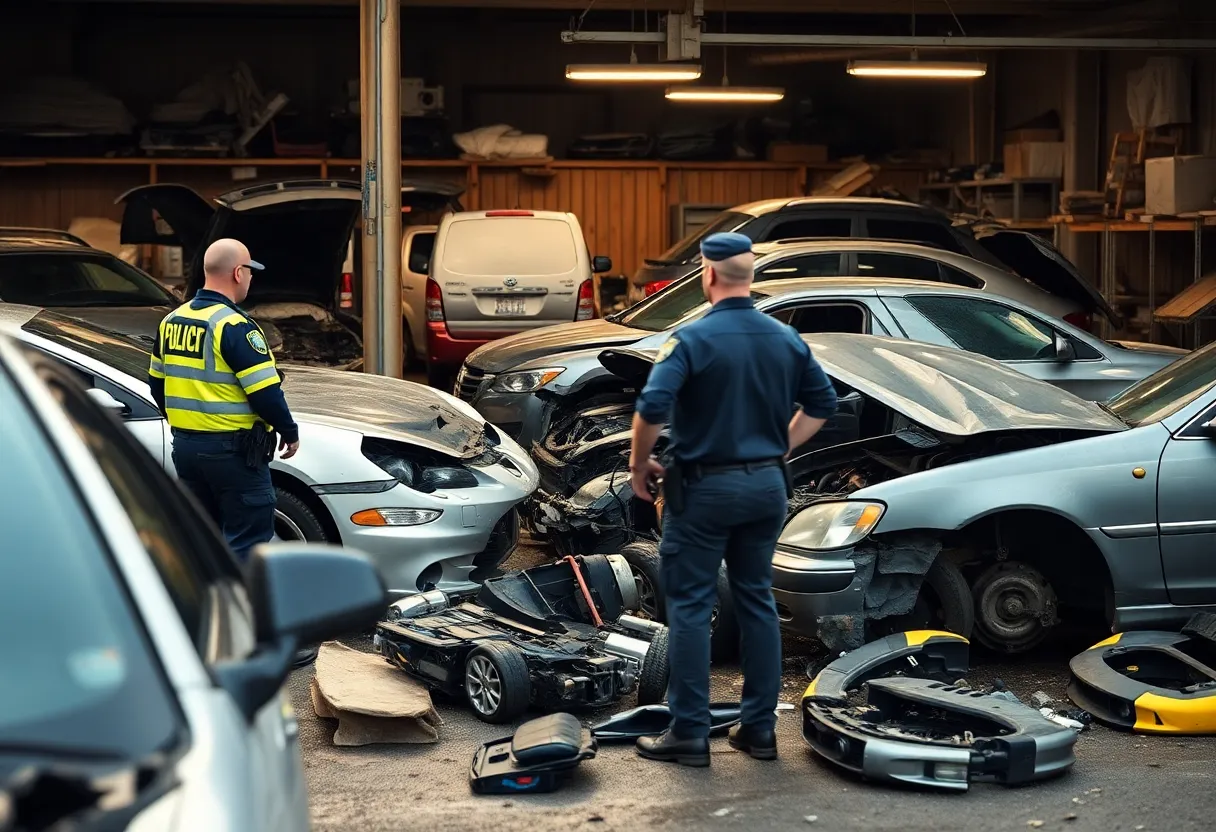 Law enforcement officers during a raid on an illegal chop shop.