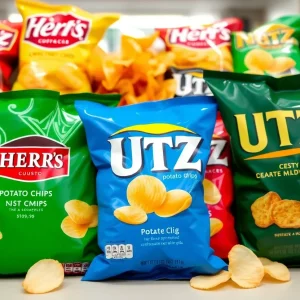 Variety of potato chip bags including Herr's and Utz