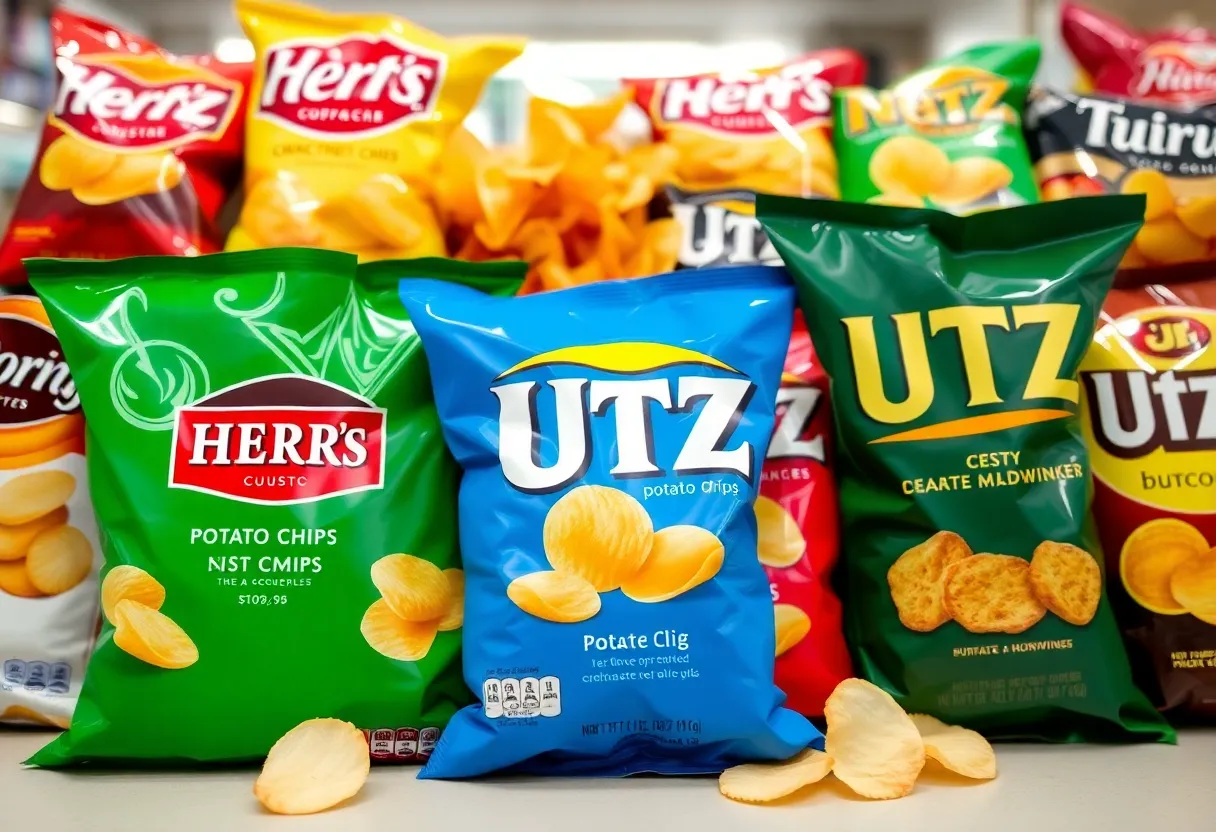 Variety of potato chip bags including Herr's and Utz