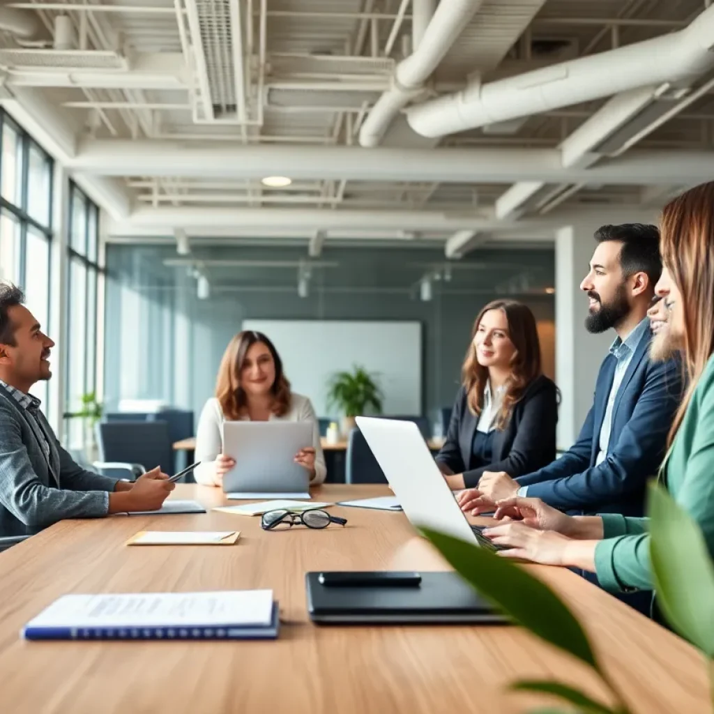 Team collaborating in a real estate office setting