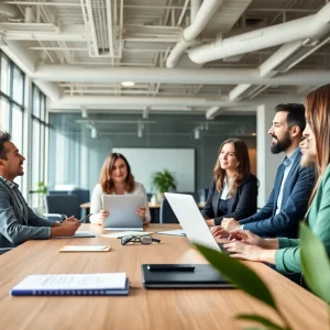 Team collaborating in a real estate office setting