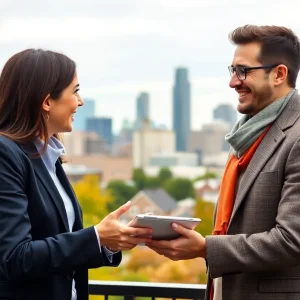A realtor helping first-time home buyers in Philadelphia, with a city skyline behind them.