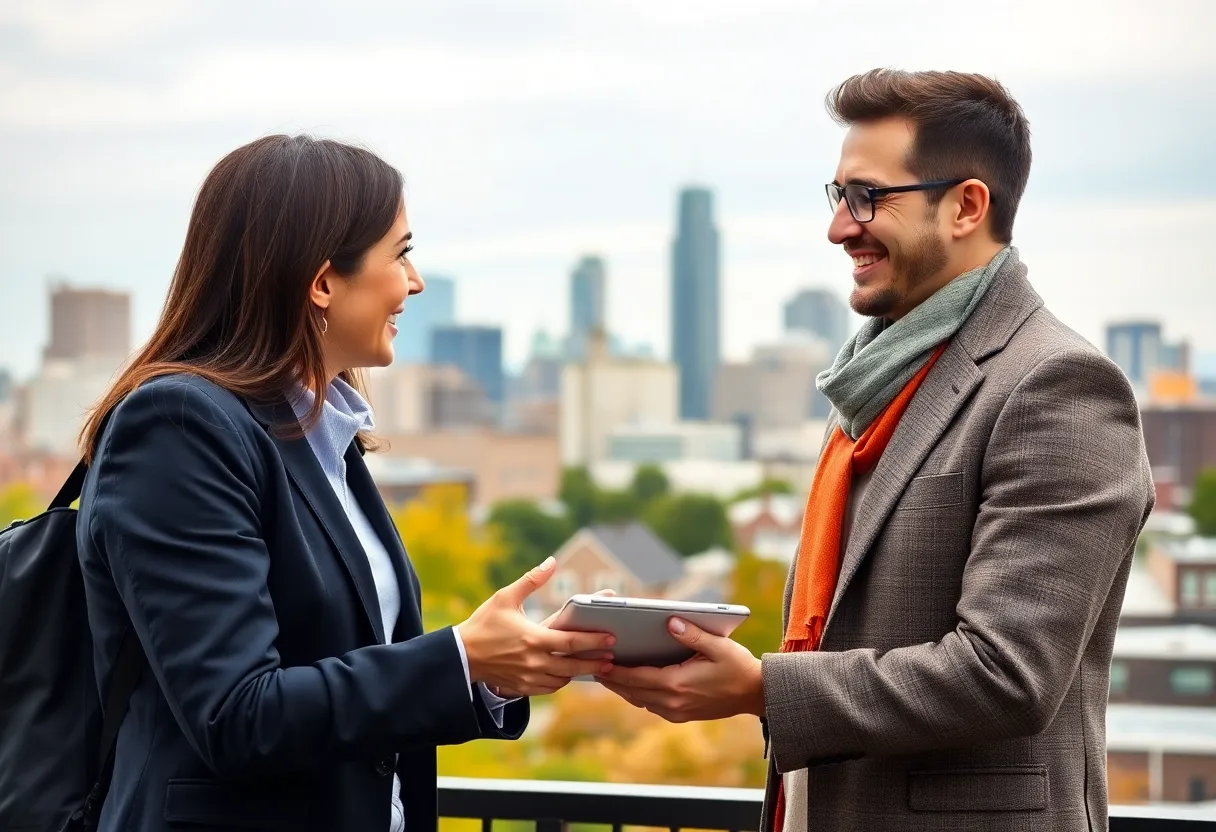 A realtor helping first-time home buyers in Philadelphia, with a city skyline behind them.