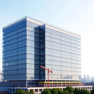 A modern high-rise medical facility under construction in Seattle.