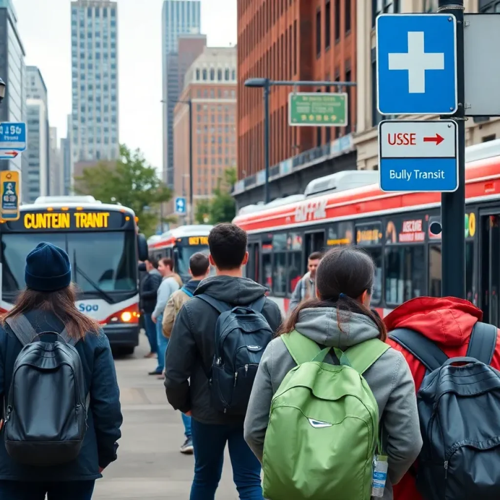 Philadelphia street scene showing students awaiting transportation with SEPTA signs
