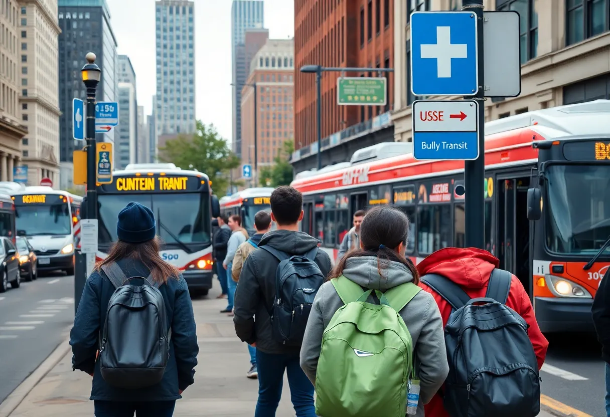 Philadelphia street scene showing students awaiting transportation with SEPTA signs