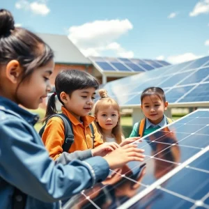Students participating in solar panel installation workshop at school