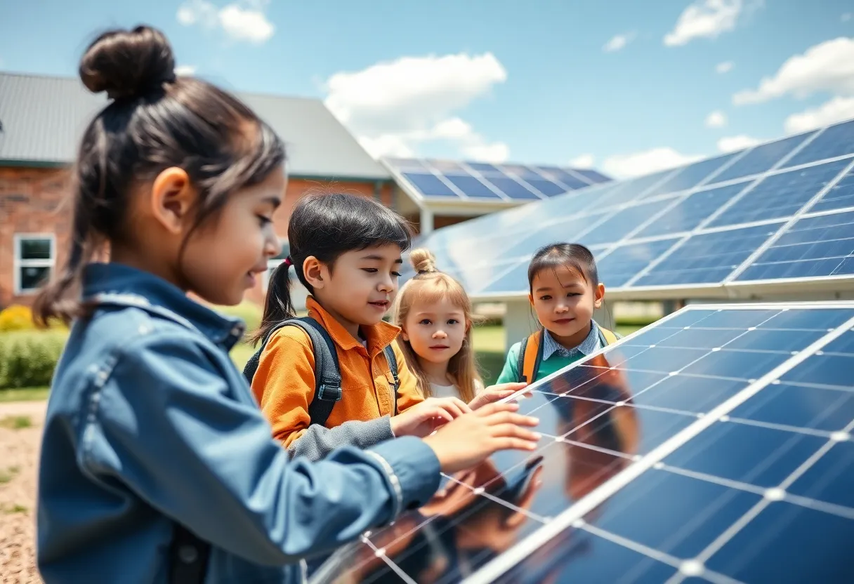 Students participating in solar panel installation workshop at school