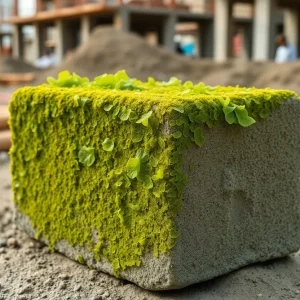 Concrete block integrated with green seaweed at a construction site.