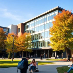 A vibrant university campus with students studying and autumn leaves.