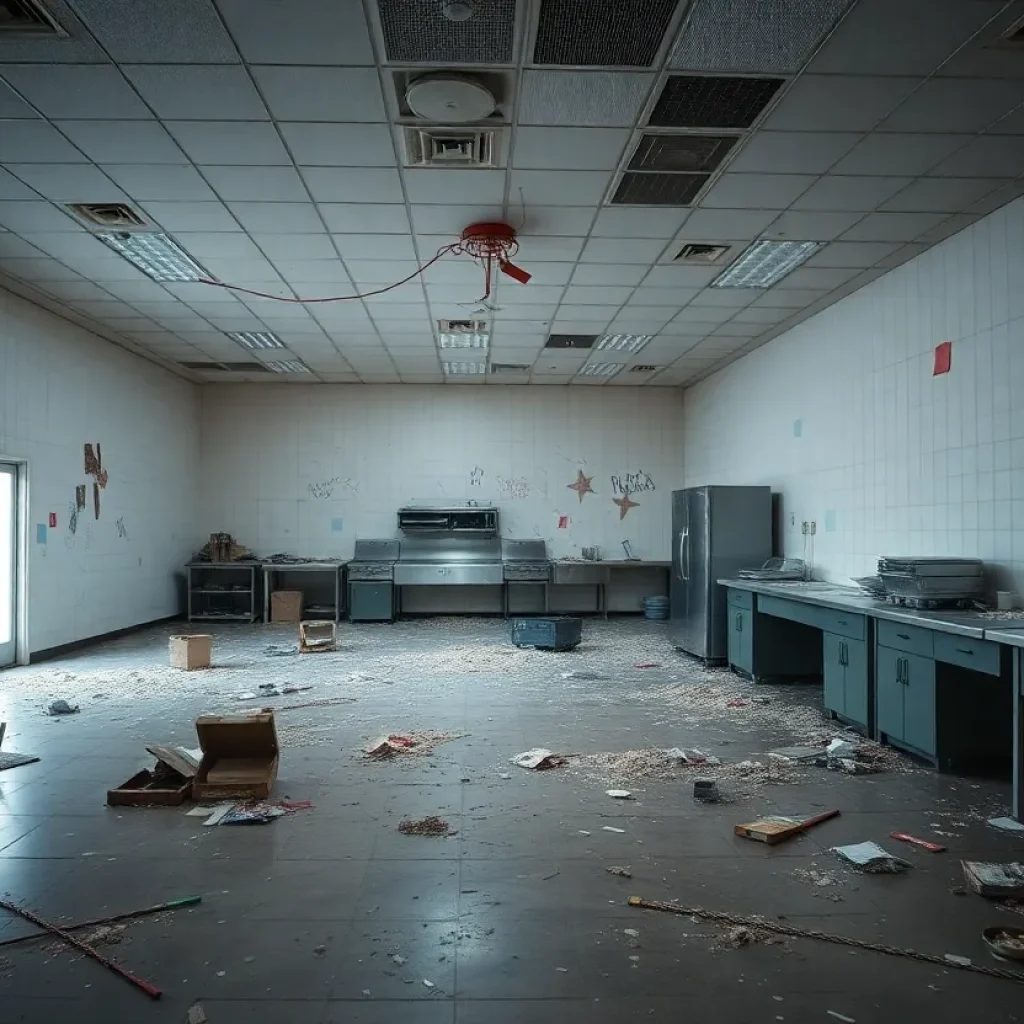 Damaged catering hall after vandalism incident