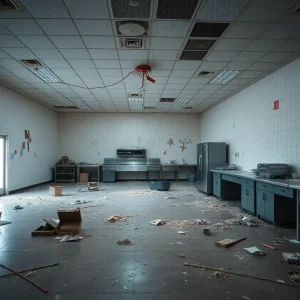 Damaged catering hall after vandalism incident