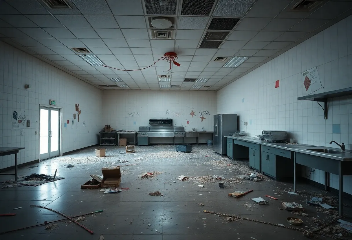 Damaged catering hall after vandalism incident