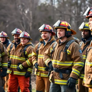 A group of volunteer firefighters engaged in training exercises outdoors.
