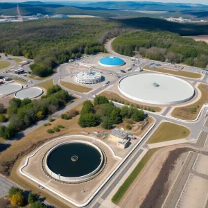 Aerial view of a water treatment facility and distribution system in Pennsylvania.
