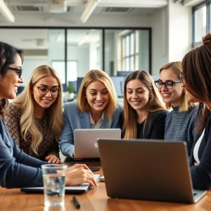 Women professionals in technology collaborating in an office setting