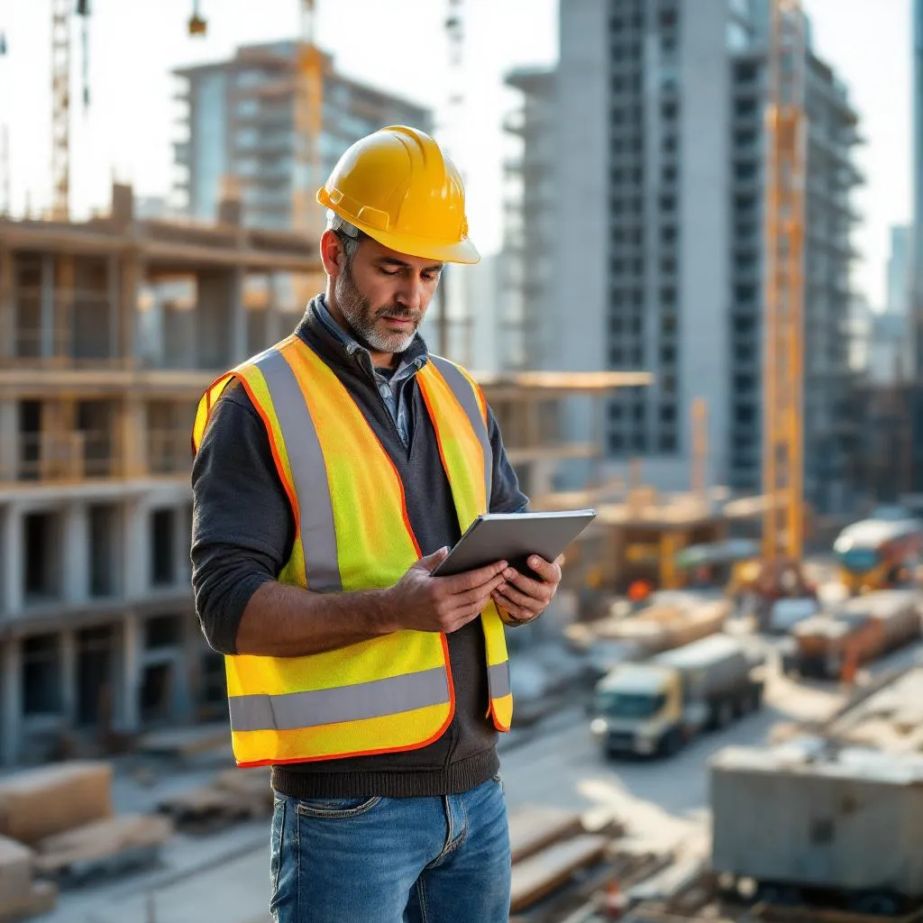 A construction worker in Philadelphia using ERP software on a tablet.