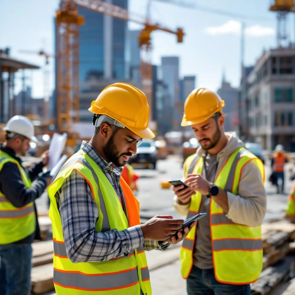 Contractors in Philadelphia utilizing mobile ERP technology at a construction site.