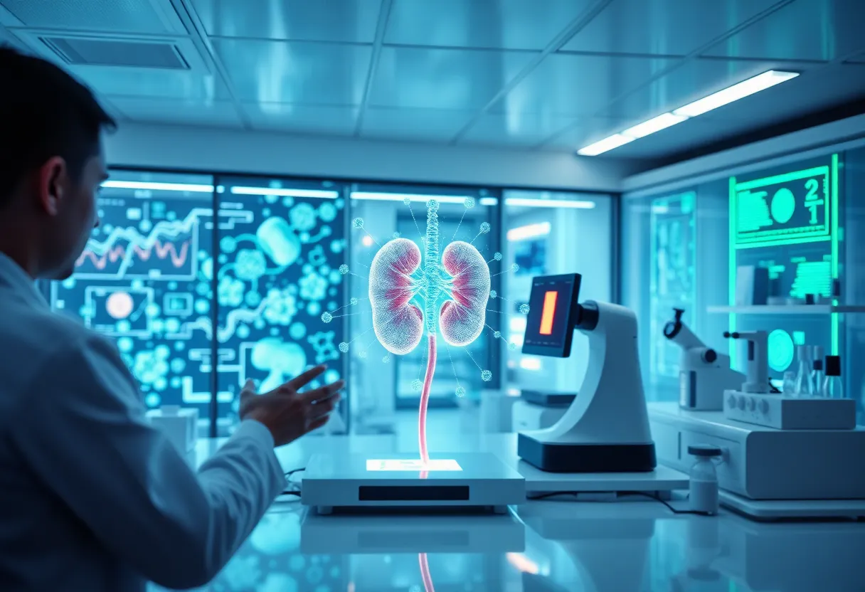 Illustration of advanced AI tools analyzing kidney cells in a lab.