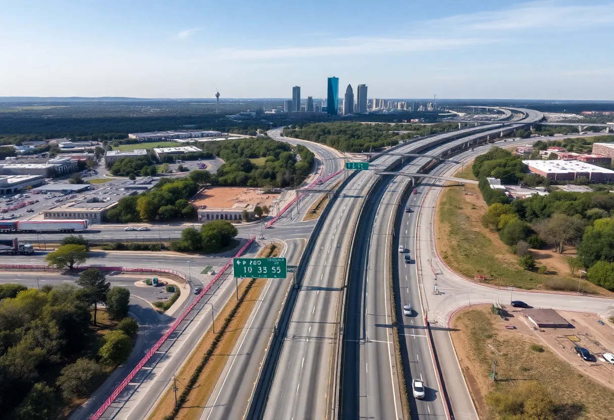 Aerial view of I-35 construction area in Austin showing ongoing highway improvements.
