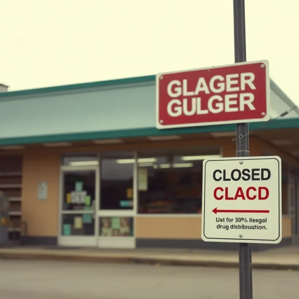 An empty grocery store with a closed sign reflecting on community drug issues