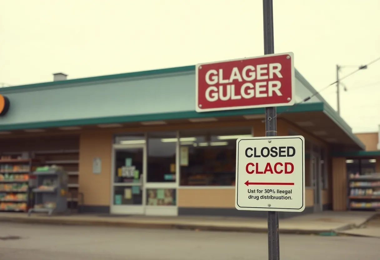 An empty grocery store with a closed sign reflecting on community drug issues
