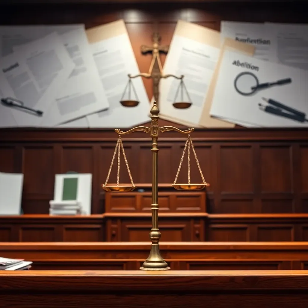 Abstract courtroom scene representing a legal battle over abortion rights and regulations.