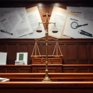Abstract courtroom scene representing a legal battle over abortion rights and regulations.