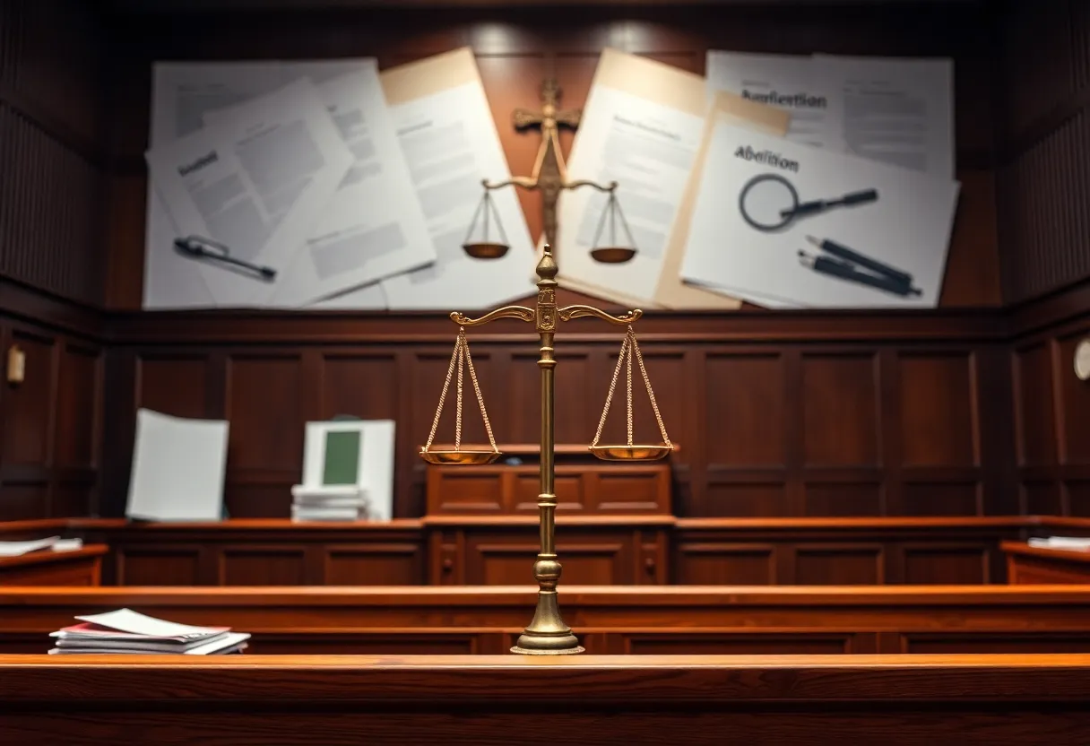 Abstract courtroom scene representing a legal battle over abortion rights and regulations.