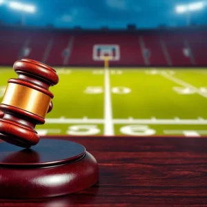 Courtroom scene with a gavel representing legal proceedings in sports