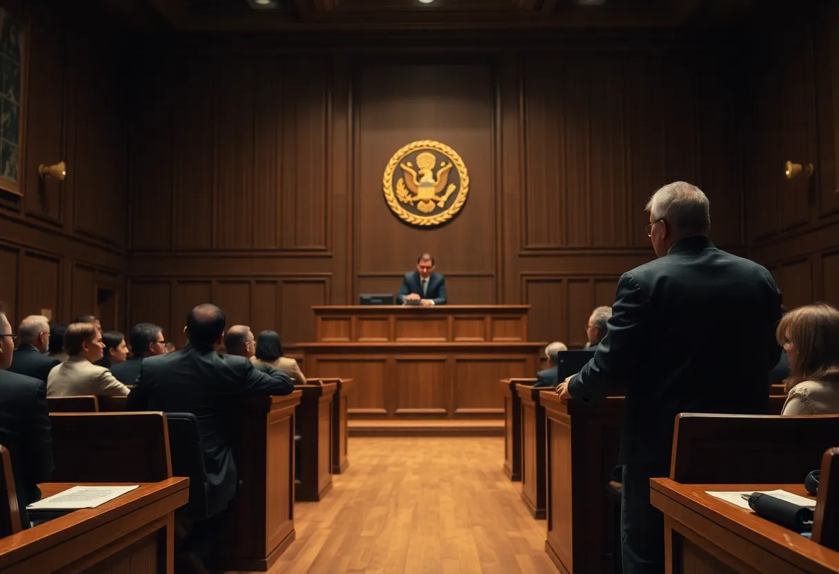 A courtroom with legal symbols representing justice and immigration challenges.