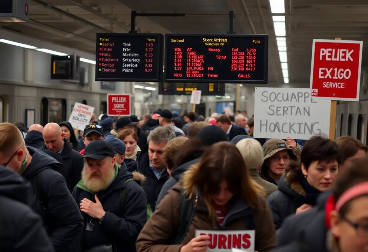 Busy SEPTA train station with commuters and protest signs
