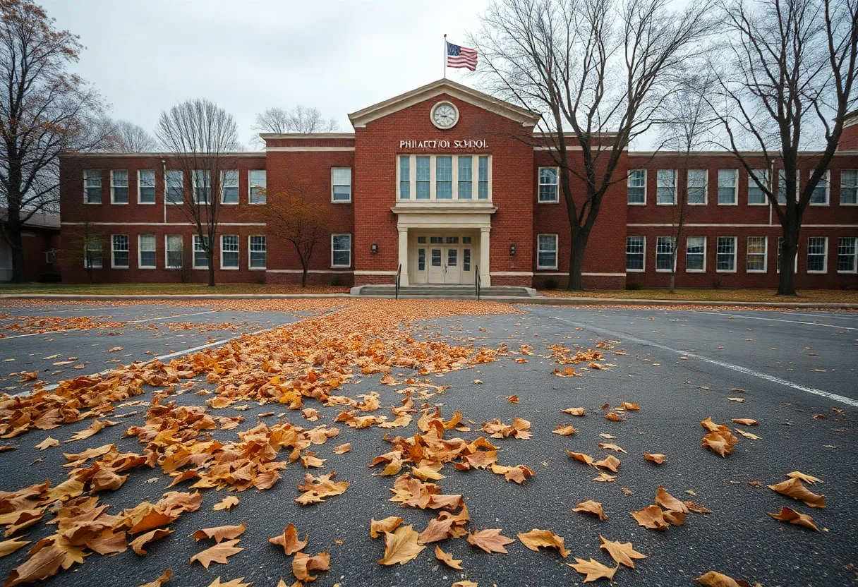 A deserted Philadelphia public school building reflecting declining enrollment.