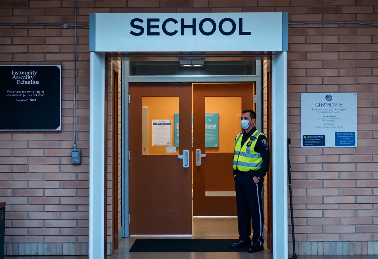 Entrance of Edison High School with security measures in place