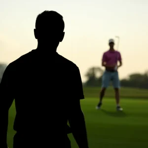 Silhouette of a football player against a blurred golf course background.