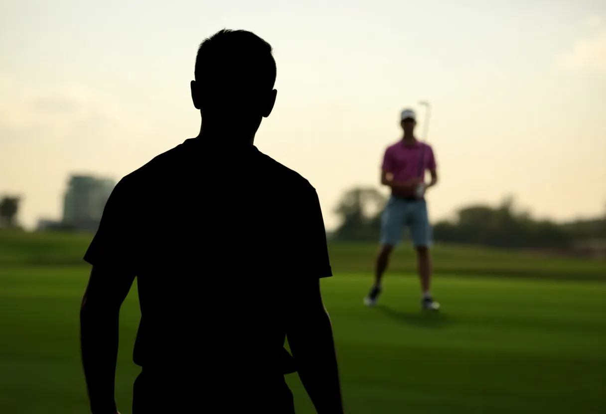 Silhouette of a football player against a blurred golf course background.