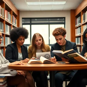 Diverse law students engaged in study discussing racial justice.