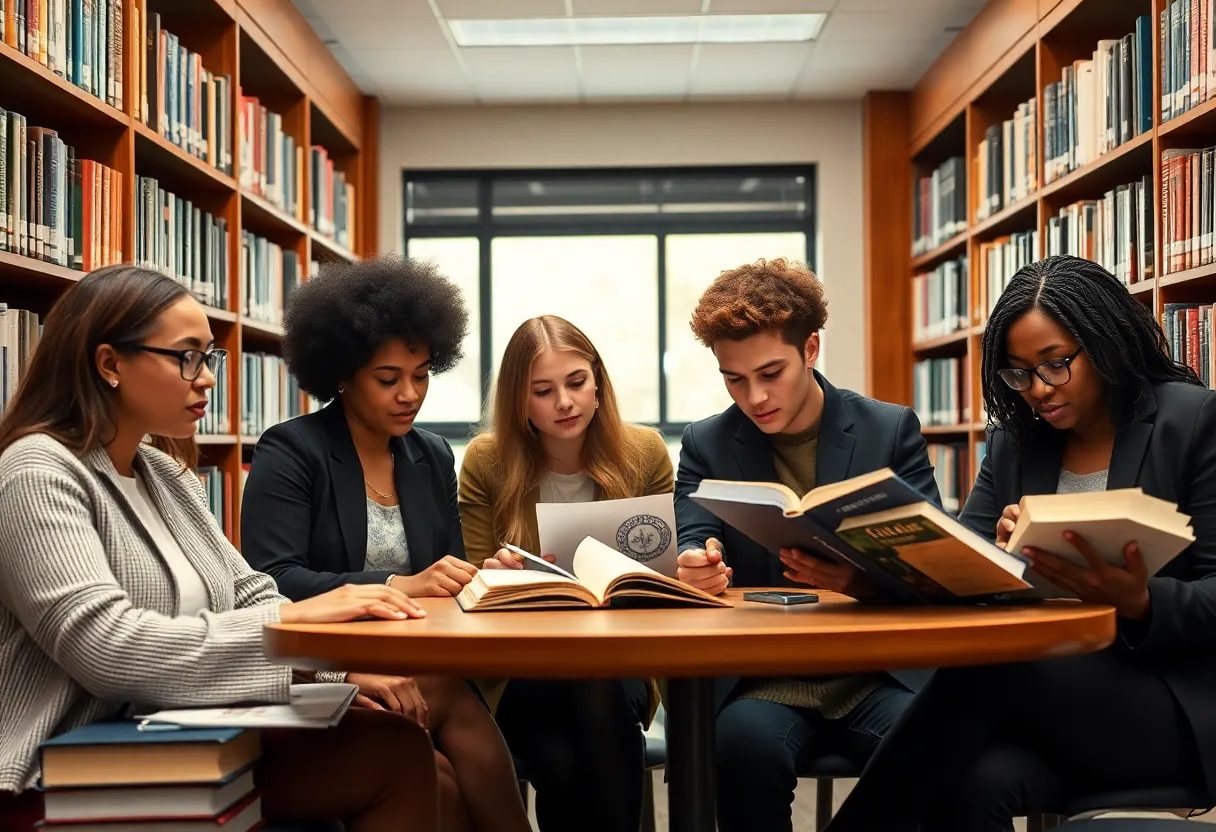 Diverse law students engaged in study discussing racial justice.