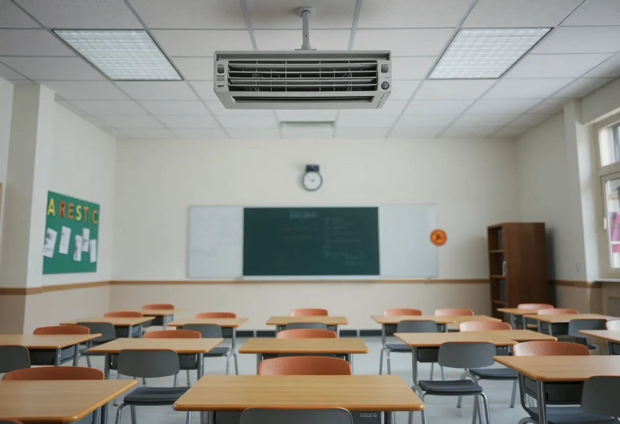 Classroom at Louise Troy Elementary with empty desks