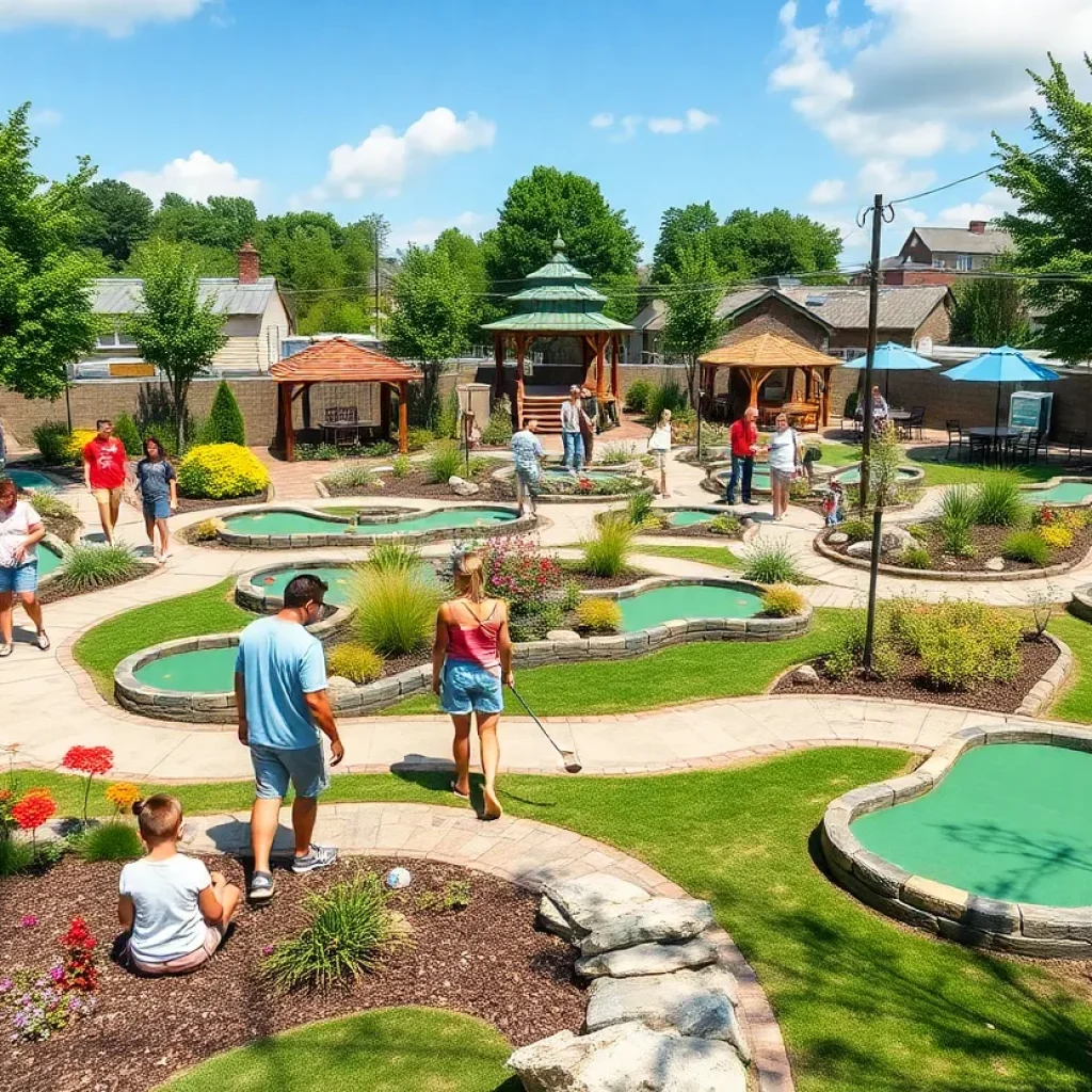 Families playing mini golf on various courses in Philadelphia