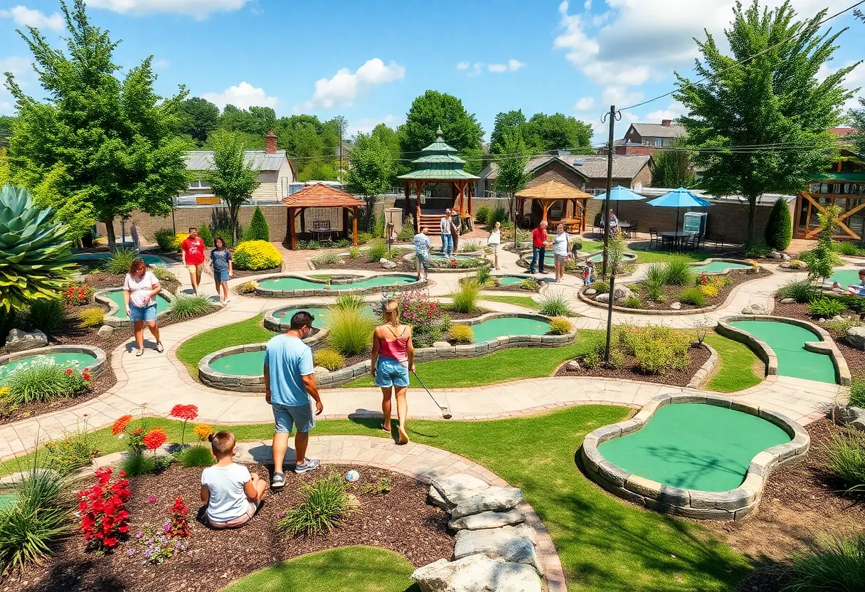 Families playing mini golf on various courses in Philadelphia
