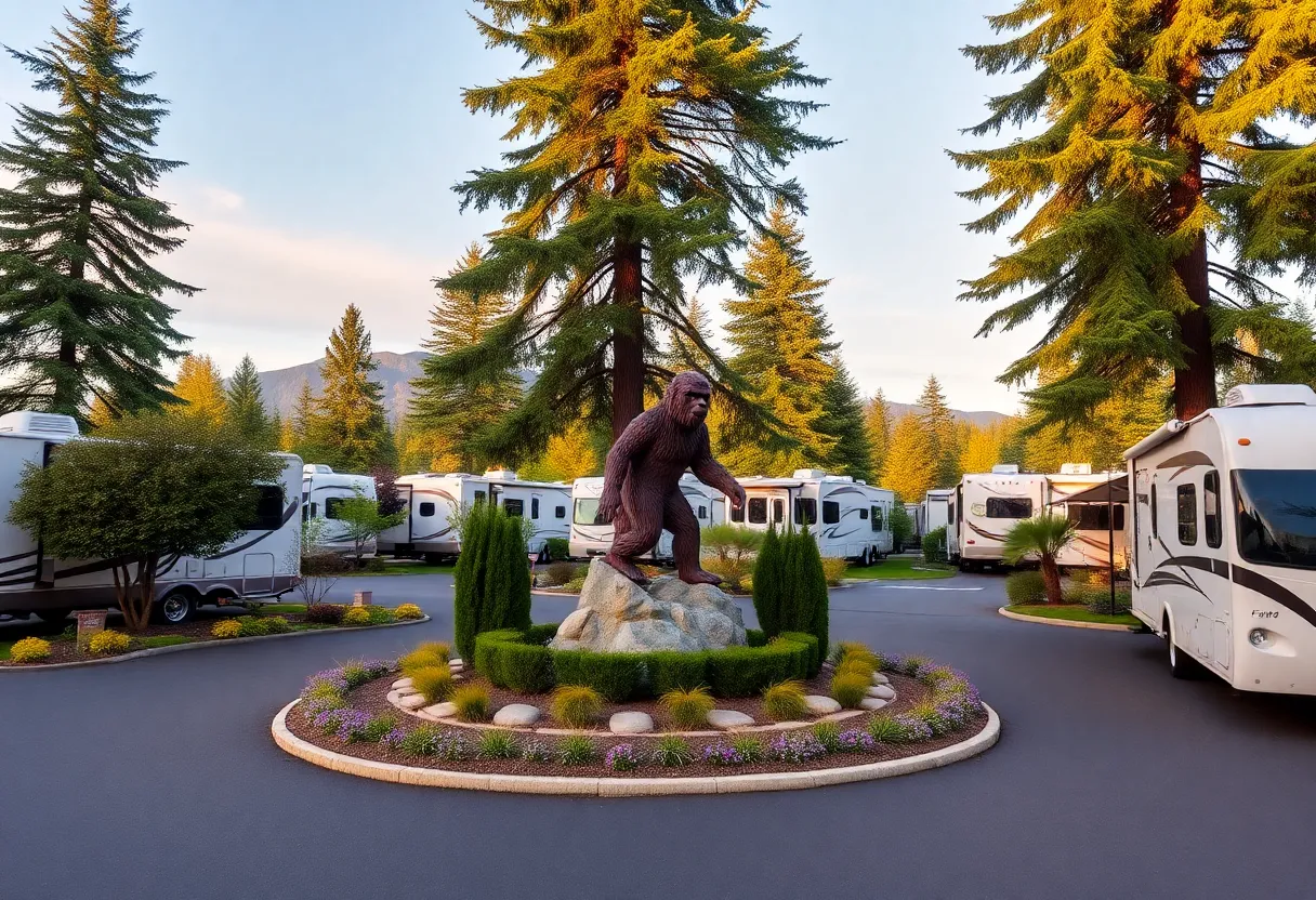 Upscale RV resort with beautiful landscaping and Bigfoot sculpture