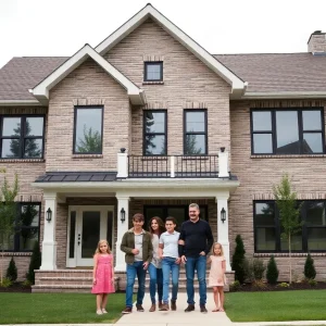 A newly built home in Philadelphia with a family standing outside.