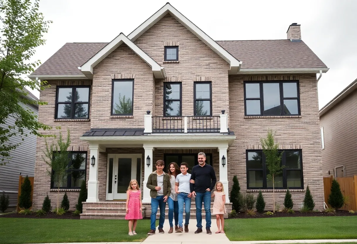 A newly built home in Philadelphia with a family standing outside.