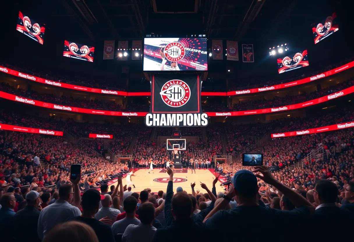 Fans celebrating at the Oklahoma City Thunder championship banner ceremony