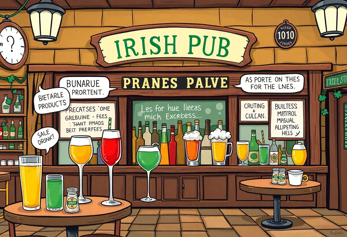 An illustration of Paddy's Pub featuring unique and absurd products from 'It's Always Sunny in Philadelphia'.